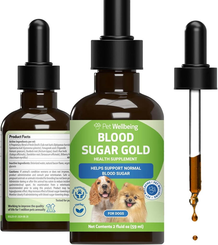 Pet Wellness Blood Sugar Gold Dogs - Holistic Blood Sugar Support, Pancreas & Liver Health, Gymnema, Fenugreek & Devil's Club - NASC sertifikalı ve Vet-Former - 2 oz Liquid
