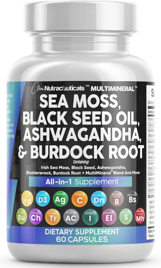 Temiz Nutraceuticals Sea Moss Black Seed Oil Ashwagandha Turmeric Bladderwrack Burdock & C Vitamin D3 with Elderberry Manuka Dandelion Sarı Dock Iodine Chlorophyll ACV
