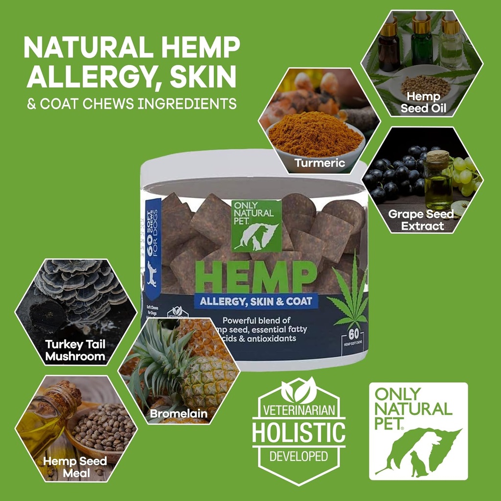 Sadece Doğal Pet Alerji, Skin & Coat Hemp Soft Chews - Köpekler için Immune Bites, Omega 3 Supplement, Calming Itchy Skin Relief, Hot Spot - (60 Kont) (AL.)