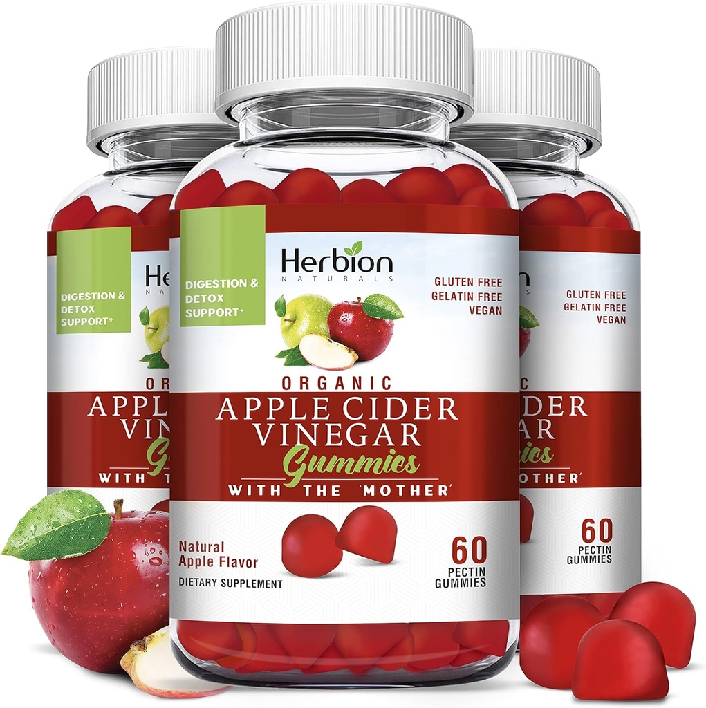 HERBION Naturals Organic Apple Cider Vinegar Gummies with The "Anne", Digestion and Detox Support, Pectin Based, Vegan, ABD'de Yapıldı - ( 3, 180 Gummies)