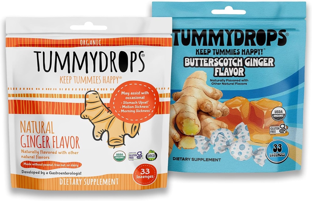 Tummydrops Organic Ginger Sche, 1 Bag Natural Ginger & Vegan Buttersco Ginger, Gluten Free, USDA Organic, Vegan