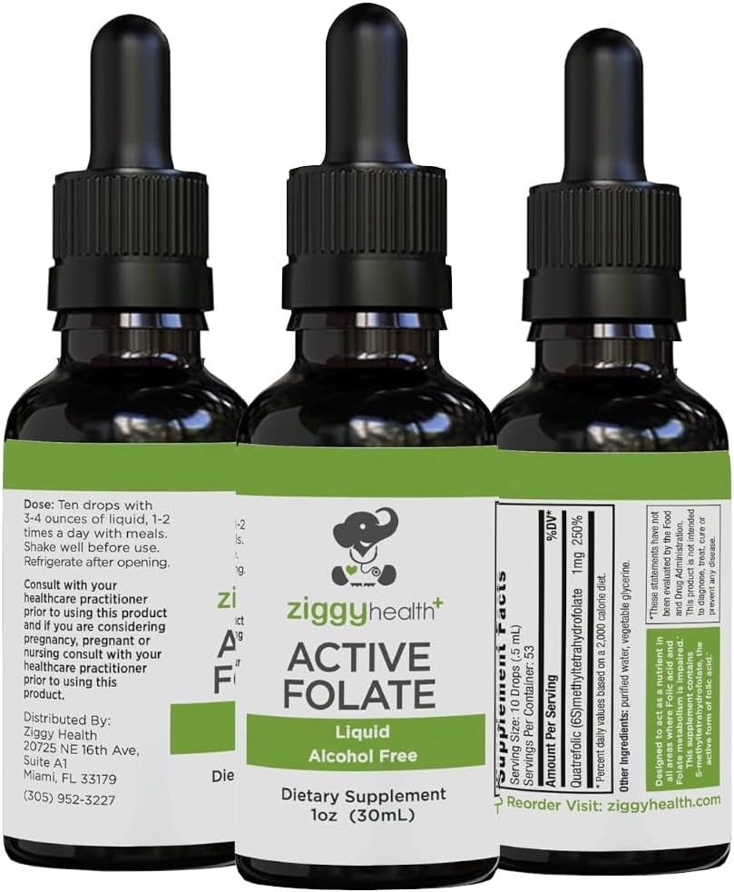 Active Folate Pure Liquid Extract Supplement - L-Methylfolate για Καλύτερη Απορρόφηση, Εγκεφαλική Υγεία, Βελτίωση της Κυτταρικής λειτουργίας, Υποστήριξη ανοσοποιητικού συστήματος, Νερό Soluble B Complex, 1oz - by Ziggy Health