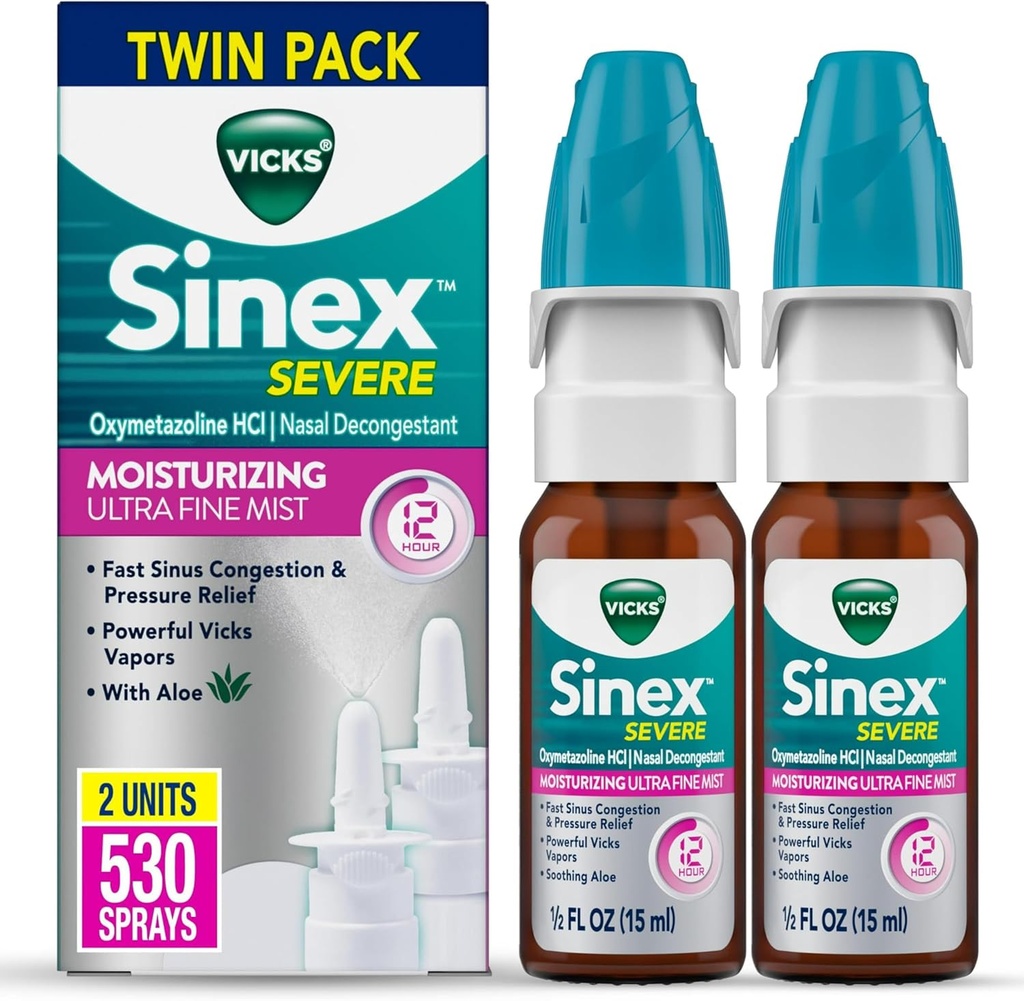 Vicks Sinex Severe Nasal Sprey, Ultra Fine Mist'ı Aloe, Decongestant Tıp, Soğuk veya Alerjiler nedeniyle, Nasal Congestion & Sinus Baskı Yardımı, 265 Spreys x 2