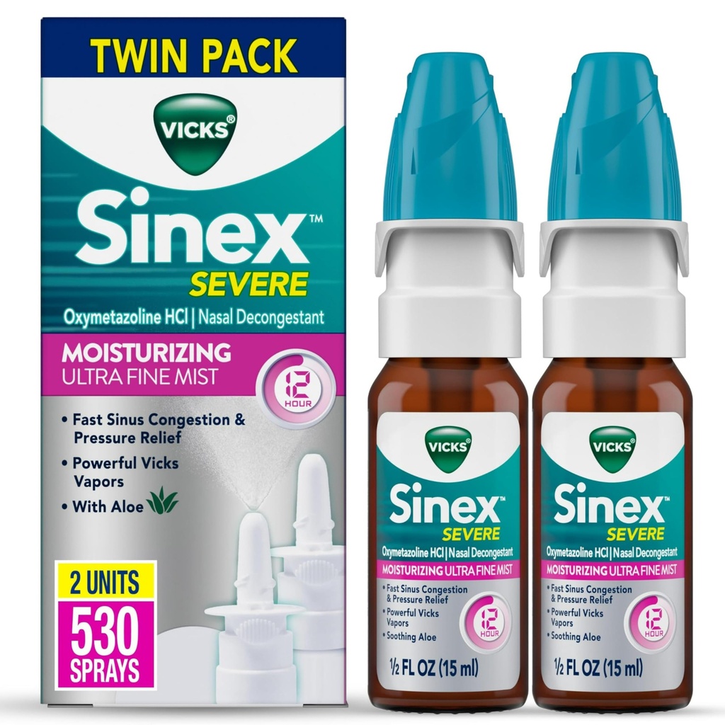 Vicks Sinex Severe Nasal Sprey, Ultra Fine Mist'ı Aloe, Decongestant Tıp, Soğuk veya Alerjiler nedeniyle, Nasal Congestion & Sinus Baskı Yardımı, 265 Spreys x 2
