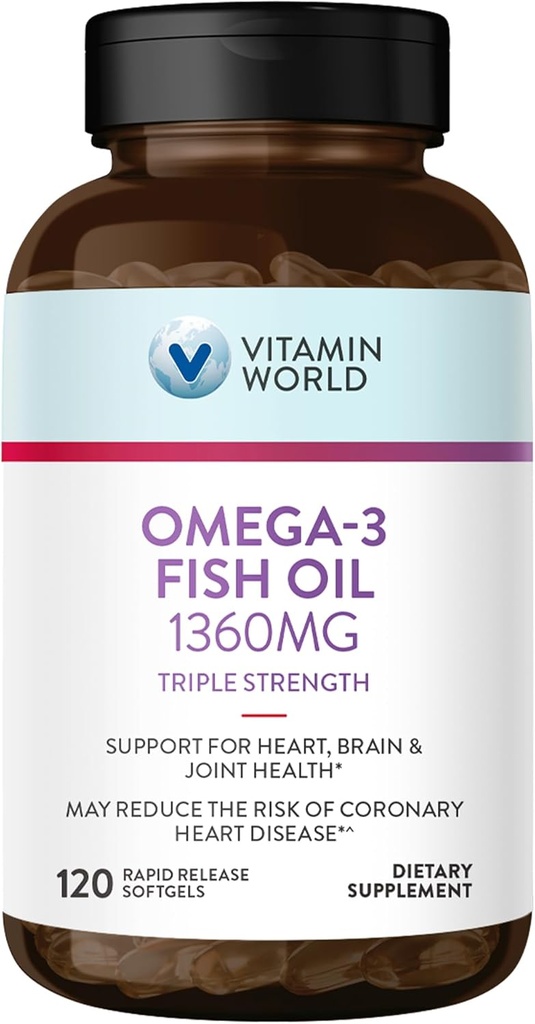 Βιταμίνη World Triple Strength Omega 3 Fish Oil 1360 mg Συμπλήρωμα, 950 mg Ενεργά Ωμέγα-3 Λιπαρά Οξέα με EPA & DHA, Υποστηρίζει την καρδιά, τον εγκέφαλο και κοινή υγεία, χωρίς γλουτένη, 120 Softgels, 4 μήνες προσφοράς