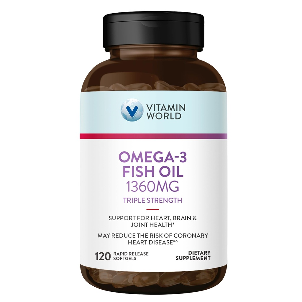 Vitamin World Triple Strength Omega 3 Fish Oil 1360 mg Supplement, 950 mg Active Omega-3 Fatty Acids with EPA & DHA, Supports Heart, Brain & Joint Health, Gluten Free, 120 Softgels, 4 Months Supply