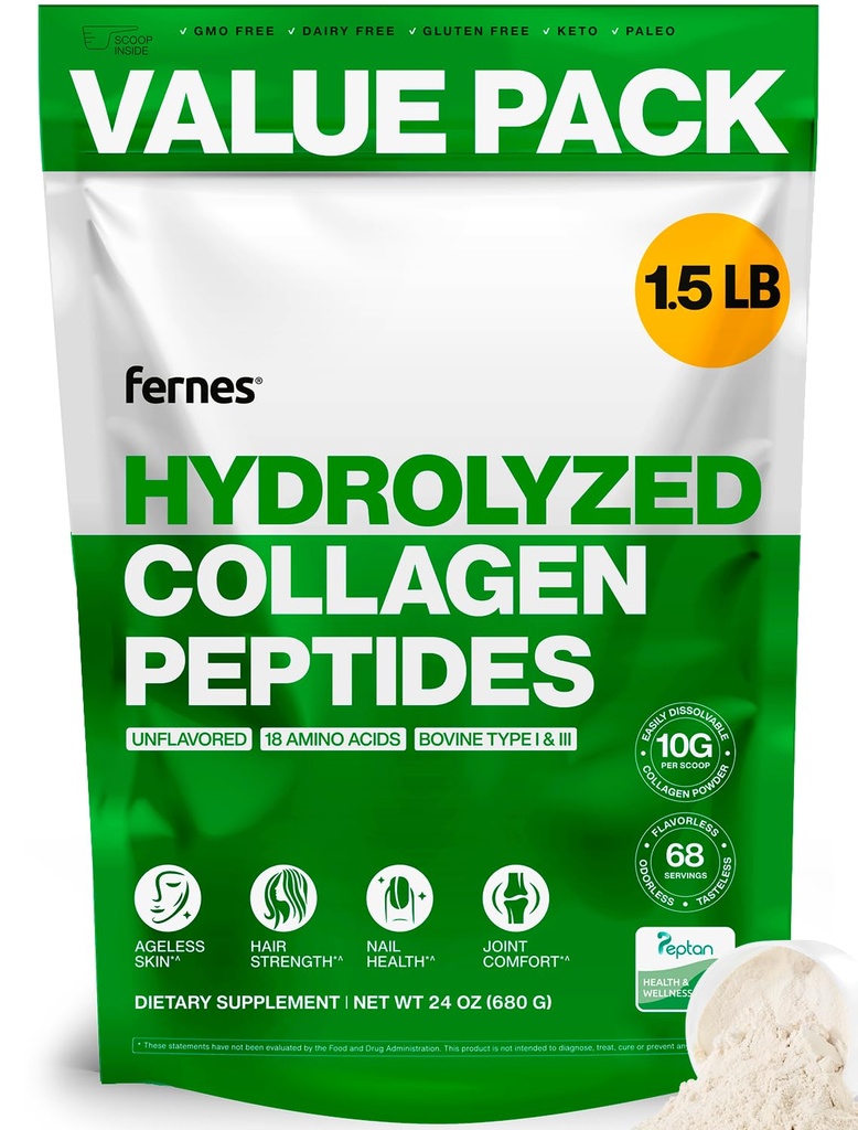 Kadınlar için Collagen Hydro (1.5LB) Tip I & III Flavorless & Odorless Easy-Mix Hydrolyzed Peptan Protein Ortak Saç Skin & Nail Destek Gluten-Free Non-GMO Keto & Paleo Grass-Fed Kosher