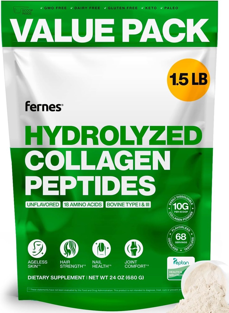 Kadınlar için Collagen Hydro (1.5LB) Tip I & III Flavorless & Odorless Easy-Mix Hydrolyzed Peptan Protein Ortak Saç Skin & Nail Destek Gluten-Free Non-GMO Keto & Paleo Grass-Fed Kosher