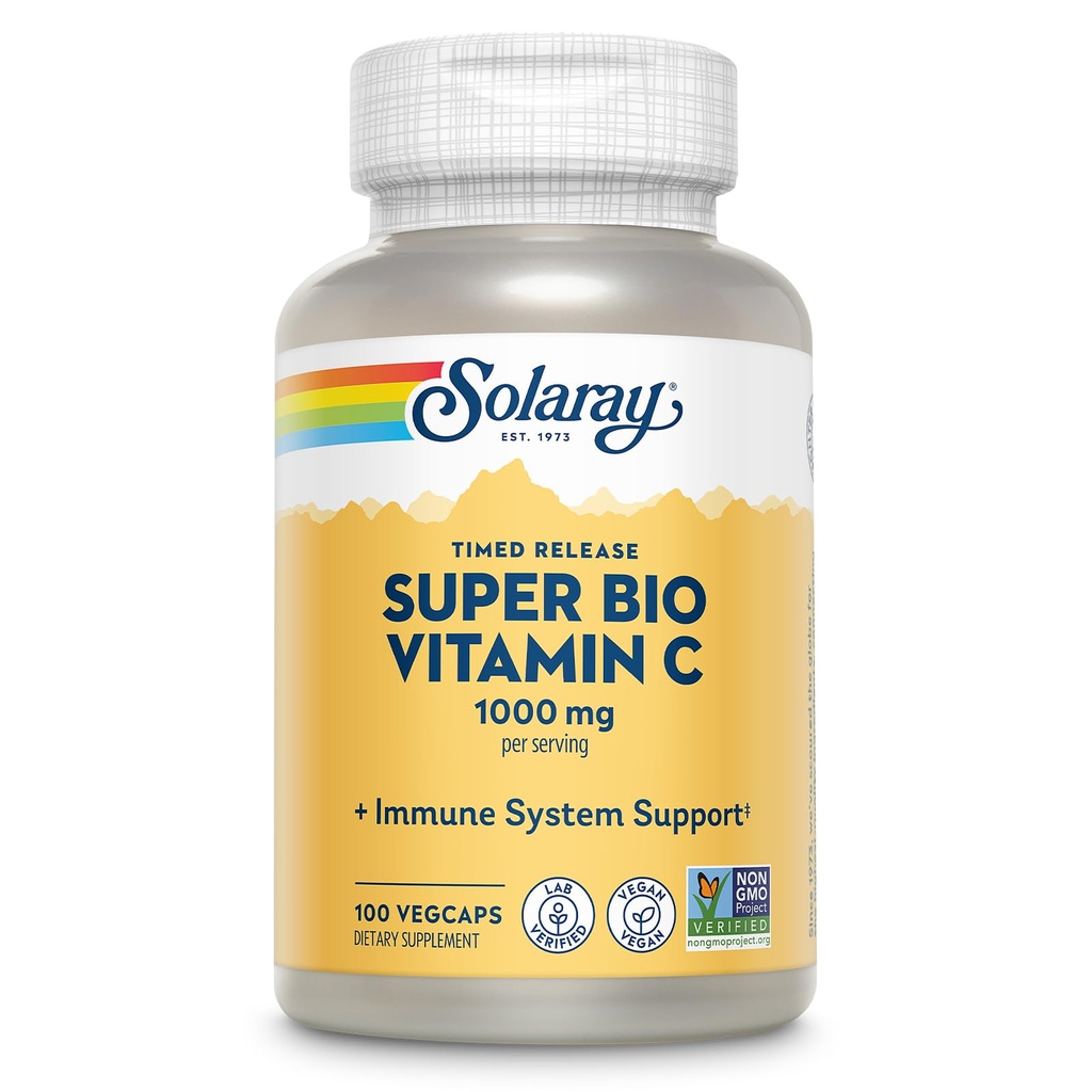 SOLARAY Super Bio Buffered Vitamin C 1000 mg, Two-Stage, Timed Release C with Bioflavonoids, Immune Support Supplement - High Abxia, Vegan, 60 Day Garanti, 50 Hizmet, 100 VegCaps
