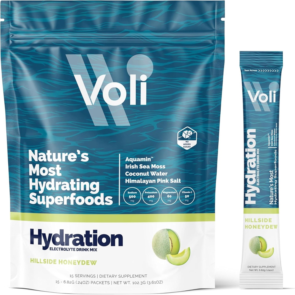 Voli Electrolytes Toz Paketleri | No eklenmiş Sugar Electrolyte Drink Mix for Hydration | Keto & Fasting Friendly, Natural Superfoods & Minerals | Honeydew, 15Count