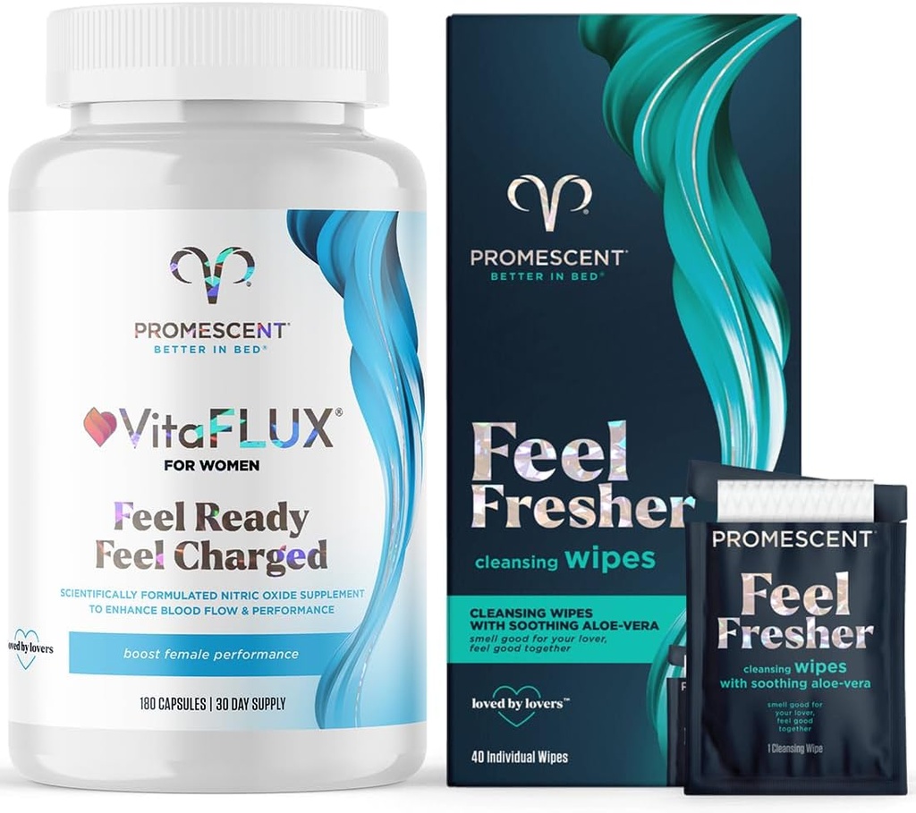 Promescent VitaFLUX Women's Nitric Hoffman ATM Supplement + Flushable Wipes for Yetişkinler, Personal Cleansing Hygienic Wet Wipes for Men and Feminine Use