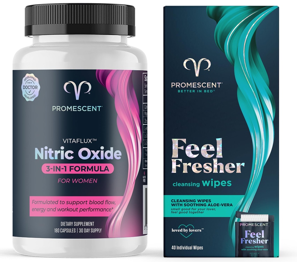 Promescent VitaFLUX Women's Nitric Hoffman ATM Supplement + Flushable Wipes for Yetişkinler, Personal Cleansing Hygienic Wet Wipes for Men and Feminine Use