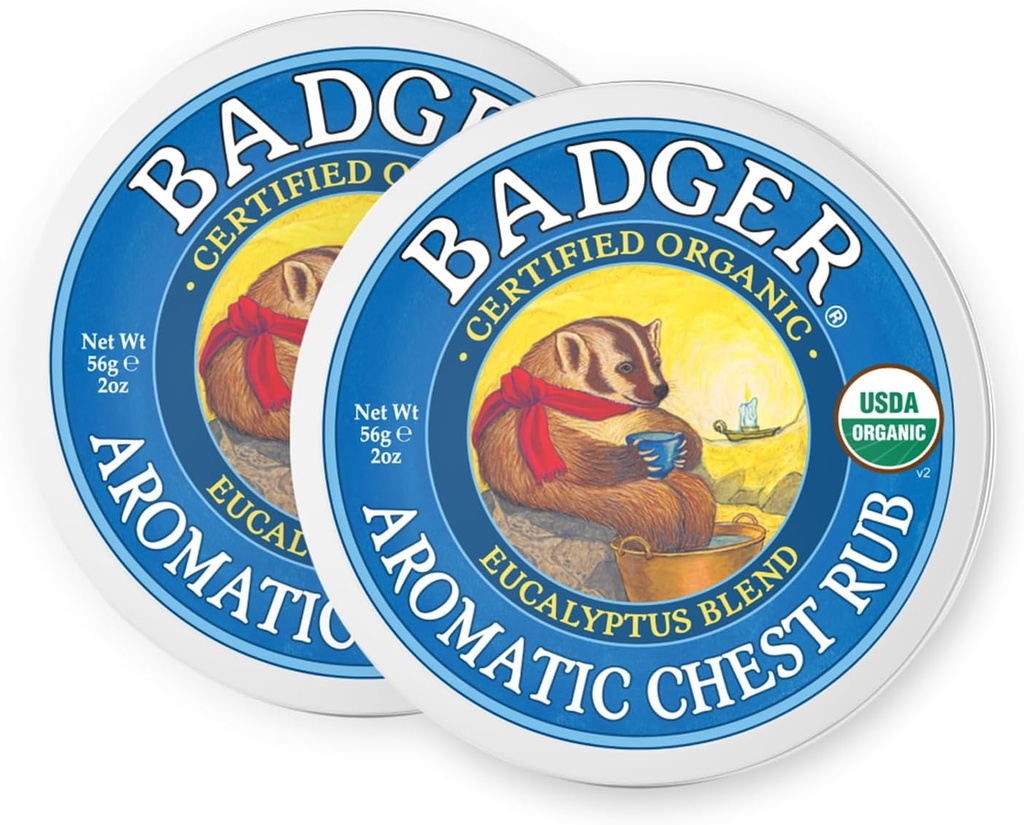 Badger Aromatic Chest Rub, 100% Βιολογικό Vaporub w/Eucalyptus & Lavender αιθέρια έλαια για να καθαρίσει & Soothe, Όλα-Φυσική Συμφόρηση Θώρακος ανακούφιση για ενήλικες & παιδιά, 2 oz Tin, 2-Pack