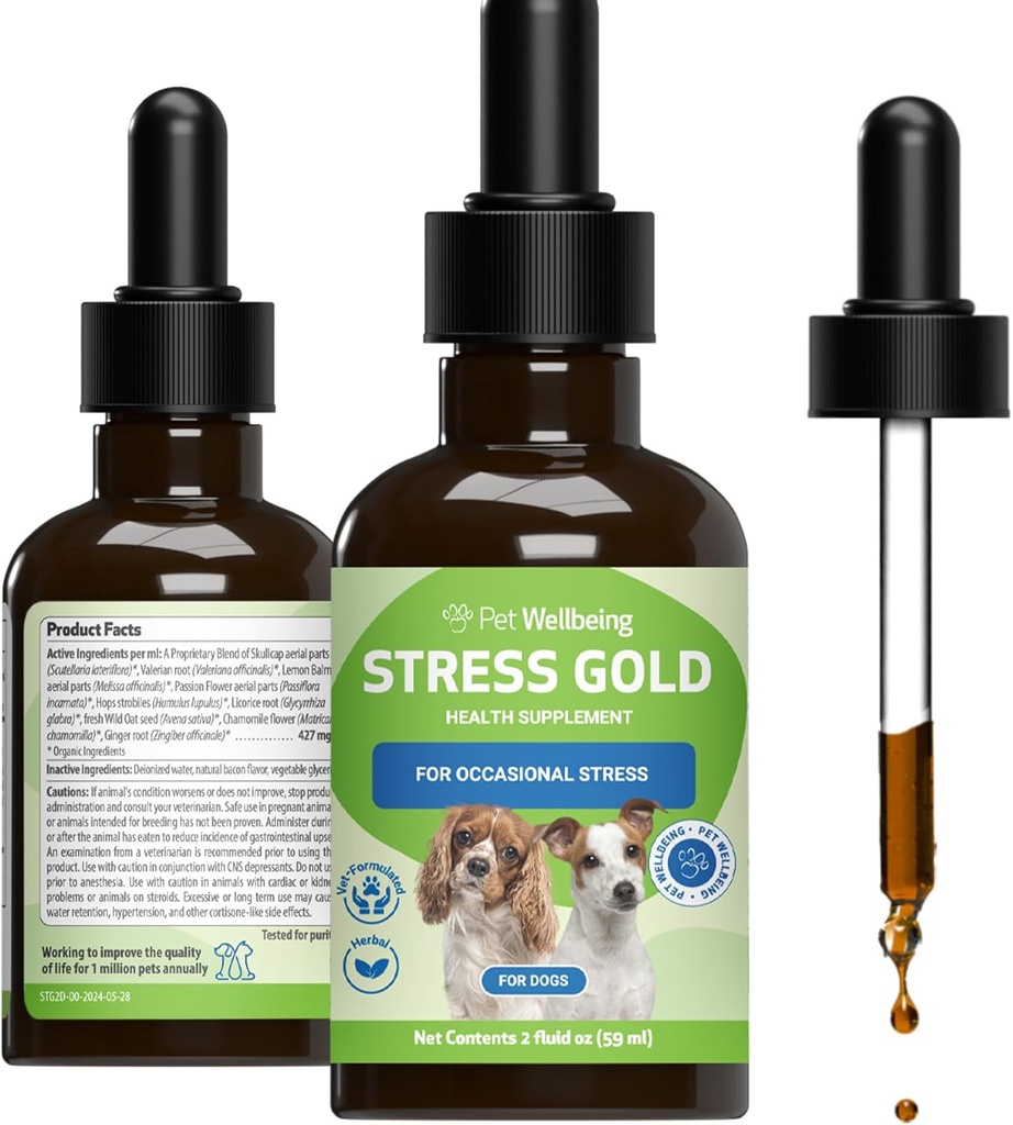 Pet Wellbeing Stress Gold for Dogs - Vet-Formulated Socational Canine Stress Support - Fast-Acting Car Travel, Storms, Vet Visits - Ολιστική Σκύλος Herbal Blend - Υγρή Υποστήριξη 2 oz (59ml)