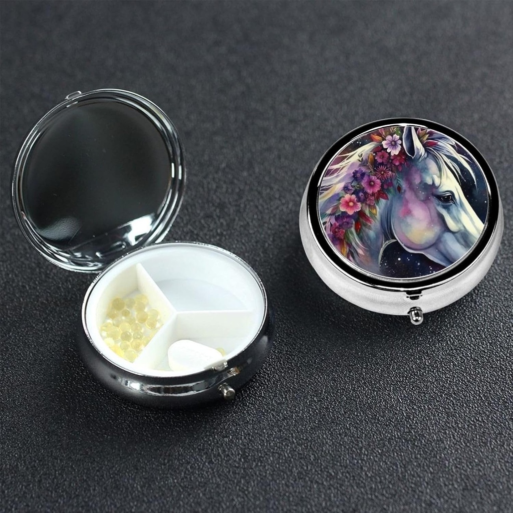 Round Pill Box 3 Compartment Pill Box Pill Containe Pillbox Case for Travel Small Pill Case Horse in The Night Pill Organizer for Vitamins Fish Oil Box Supplement Box