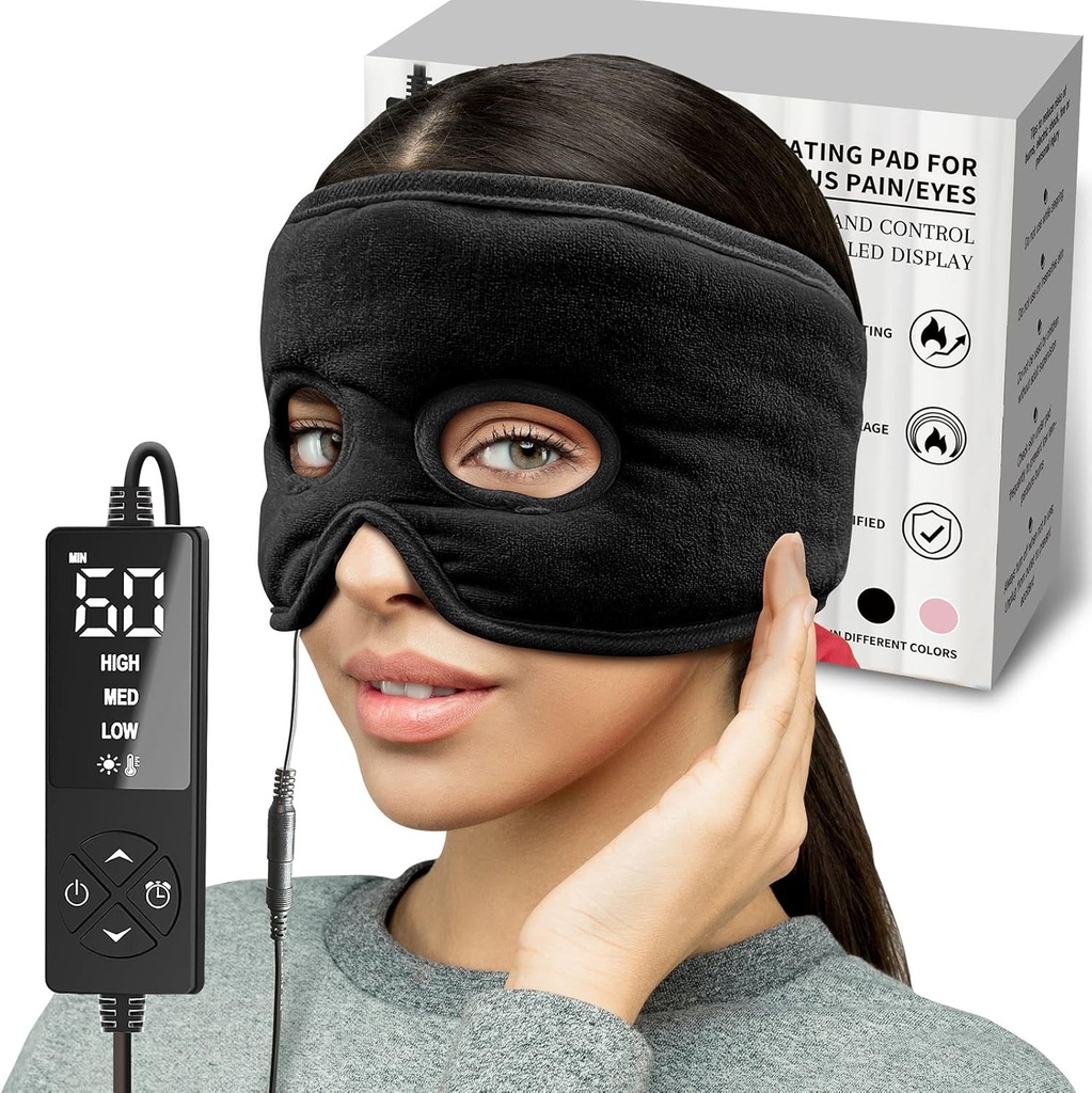 Moist Heat Sinus Basınç Maskesi 3 Heat Settings, Ekstra Büyük Yüz Isıtmalı Gözler, Sinusitis, Hormon Migraine, Ger Headache Black Relief