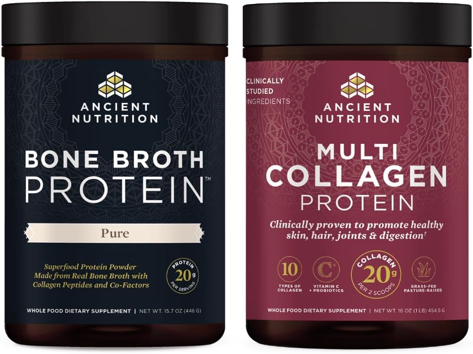Ancient Nutrition Bone Broth Protein Powder, Pure, 20 Servings + Multi Collagen Protein Powder, Unflavored, 45 Servings
