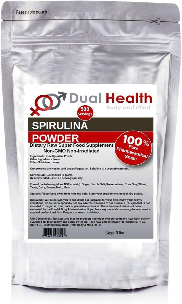 Dual Health Body & Mind Pure Spirulina Toz (5 lbs) Irradiated protein Superfood Bulk Supplements