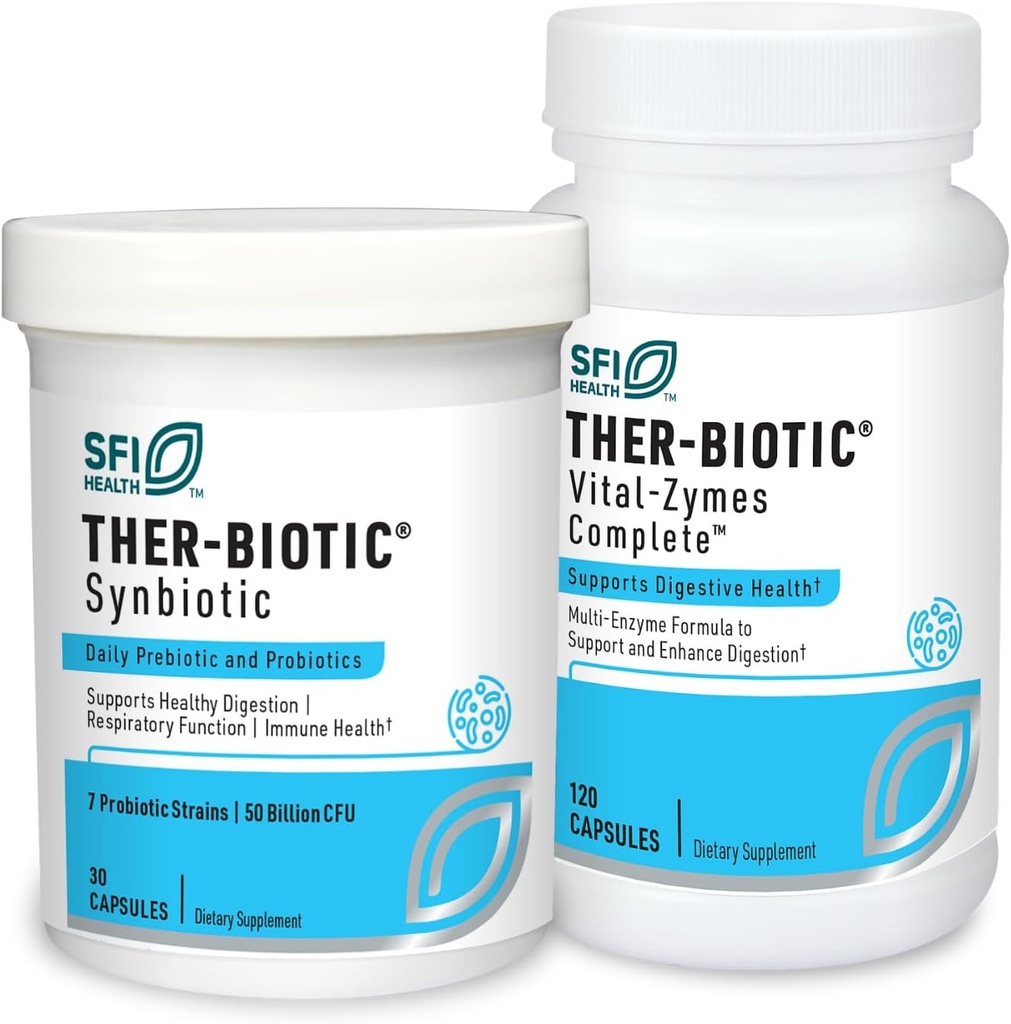 Klaire Labs Ther-Biotic Synbiyotik Probiyotik (30 Capsules) + Vital-Zymes Digestive Enzymes (120 Count) - Low-F multivitaminAP Probiyotik Supplement + Digestion Support Enzymes - 2 Ürün Setleri