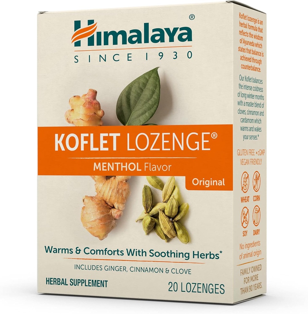 Himalaya Koflet Lozenges, Original Menthol Flavor, Natural Herbal Cough Drop for Warming Relief and Soothing Laroat Comfort, 130 mg, 20 Lozenges