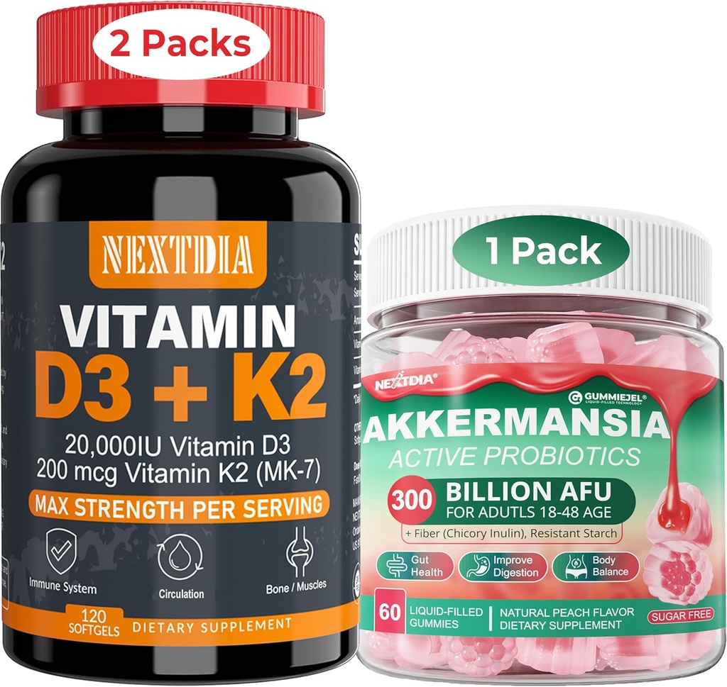 D3 20.000 IU + K2 (MK7) 200 ++ Softgels + Akkermansia Probiyotiks Gummies with Prebiyotiks Fiber
