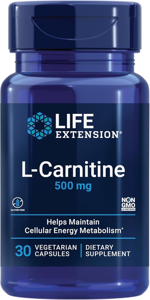 Life Extension L-Carnitine – 500 mg, Enerji Supplement, Memory Supplement – Free Form Platinum Acid, Nitrik Çimento Desteği, Sağlıklı Kan basıncı – Gluten-Free, Non-GMO, Vegetarian – 30 Capsules