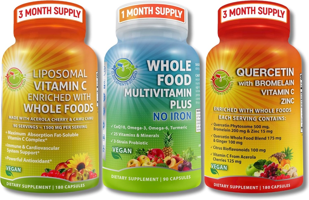 Vegan Immune & Antioxidant Support Bundle – Liposomal Vitamin C 1500mg with Organic Acerola & Camu Camu + Quercetin 500mg with Bromelain, Zinc & Vitamin C + Vegan Whole Food Multivitamin Without Iron