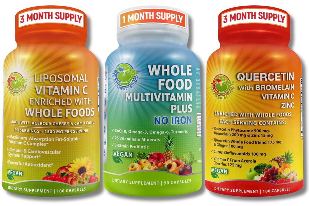 Vegan Immune & Antioxy Support Sche – Liposomal Vitamin C 1500 mg ile Organik Acerola & Camu Camu + Quercetin 500 mg with Bromelain, çinko & C + Vegan Tüm Gıda Demirsiz Çokvitamin