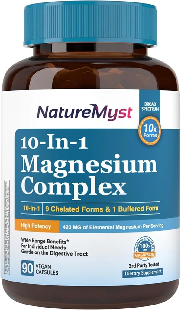 Magnezyum Kompleksi Tamam, 420 mg Elemental, 10 Yüksek Abhidrasyon Forms Magnesio Glycinate, Citrate, Malate, Taurate & More for Sleep, Nerve Health, Non-GMO, 90 Vegan Capsules