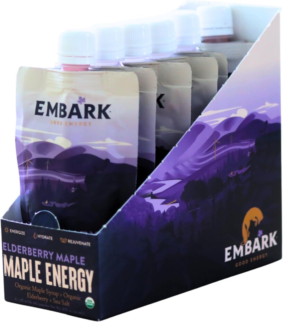 Embark Maple Syrup Energy Gel, 6-Pack 3oz Resealable Pouches, Φυσική Αθλητική Διατροφή, Πιστοποιημένο Βιολογικό, Vegan, Χωρίς Γλουτένη, για Αθλητές, Adventurers & Foodies, Elderberry