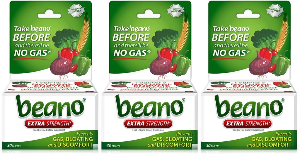 Beano Extra Strength, Digestive Enzyme Supplement, Prevents Gas, Bloating and Discomfort (Packaging May Vary) 30 Count Each (Pack of 3)