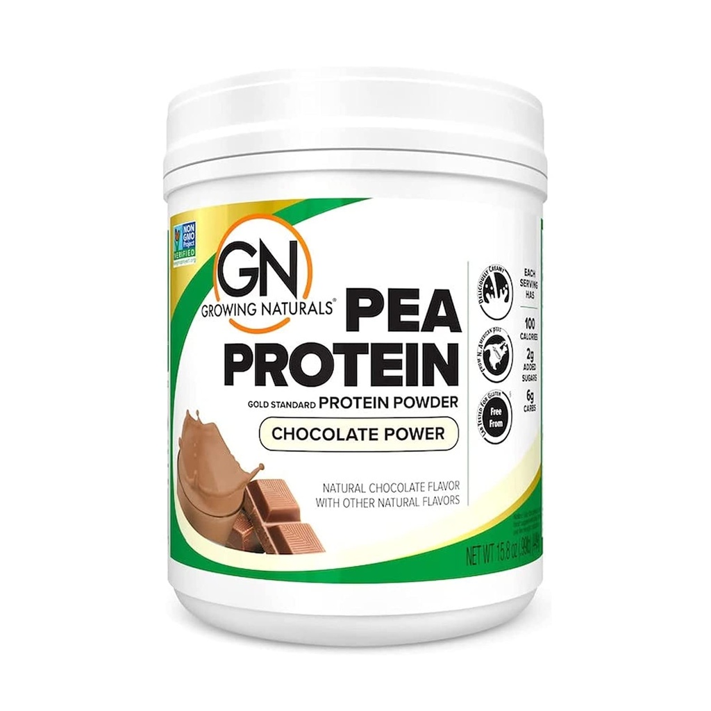 Growing Naturals Raw Pea Protein Powder, Vegan Plant Based Protein, BCAA, Low-Carb, Low-Sugar, Chocolate Power, 1 Pound (Pack of 1)