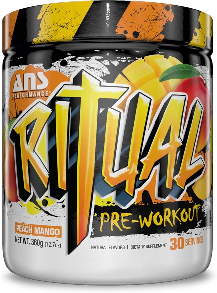 ANS Performance Ritual Pre Workout (30 Services, 12.7 oz) - Complete Preworkout Formula - Ενέργεια, Focus, & Strength - Αυξήστε την παραγωγή ισχύος και τον όγκο προπόνησης - Αντοχή & Stamina (Peach Mango)