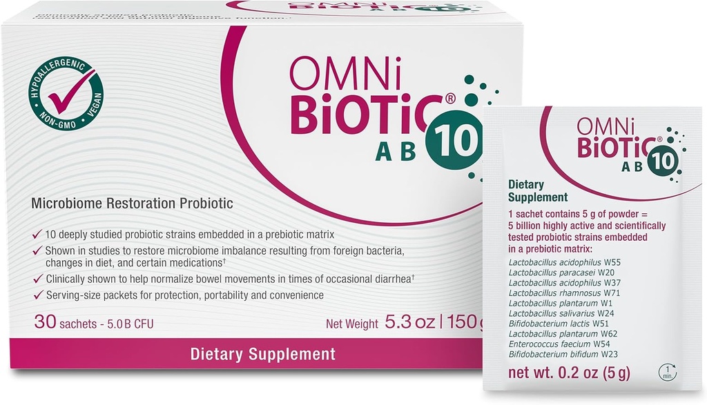 OMNi BiOTiC AB 10 - Klinik olarak Restoratif Probiyotik - Destekler & Restoreler Gut Flora & Digestion - Digestive Probiyotik for Diarrhea - Vegan, Hipoallergenic, Non-GMO (30 Günlük Paketler)