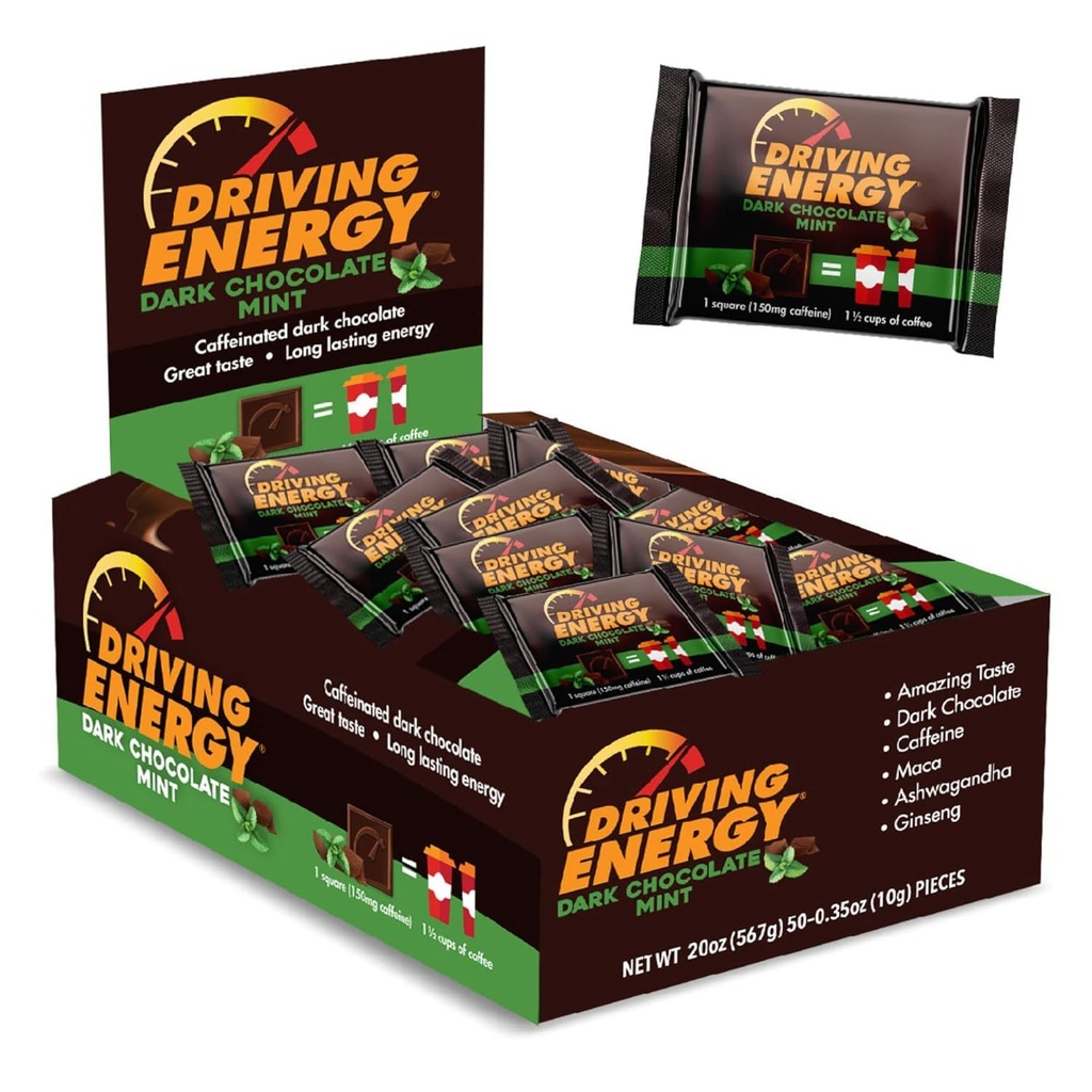 Araba Enerji - Enerji Bite Boyutu - Dark Chocolate Mint Enerji Yakıtı 150 mg Caffeine - Gym, Workout, Yetişkinler - Büyük Tadı - Low Carb - Sağlıklı Snack - 50 Kont