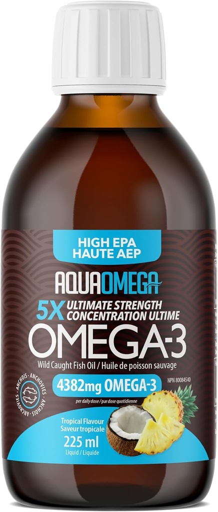 5X Ultimate Strength Liquid Fish Oil Supplements, Wild Caught Omega 3 Fish Oil Liquid, High EPA & DHA Omega3 Fatty Acids, Omega 3 Supplement with Vitamin D, 7.60floz, Tropikal Flavor