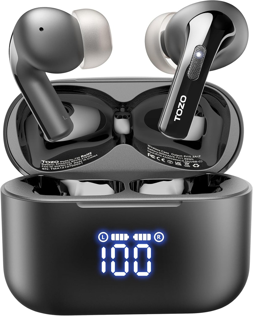 TOZO T20 Kablosuz Kulakbuds Bluetooth Kulaklıklar 48.5 Hrs LED Dijital Ekran ile Oynanır, IPX8 Sular, Dual Mic Call Gürültü Kablosuz Şarj Vakası 10mm Broad Range Speakers with Wireless Şarj Vakaları