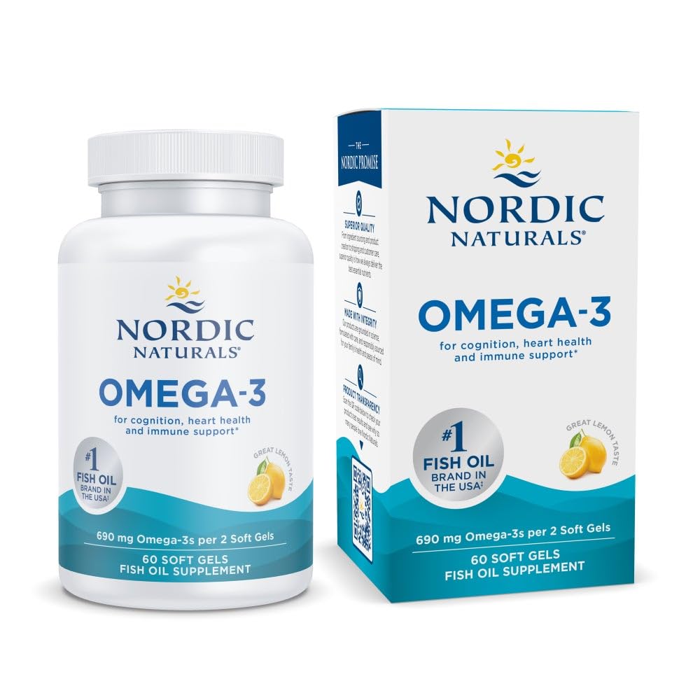 Nordic Naturals Omega-3, Lemon Flavor - 60 Soft Gels - 690 mg Omega-3 - Fish Oil - EPA & DHA - Immune Support, Brain & Heart Health, Optimal Wellness - Non-GMO - 30 Hizmetler