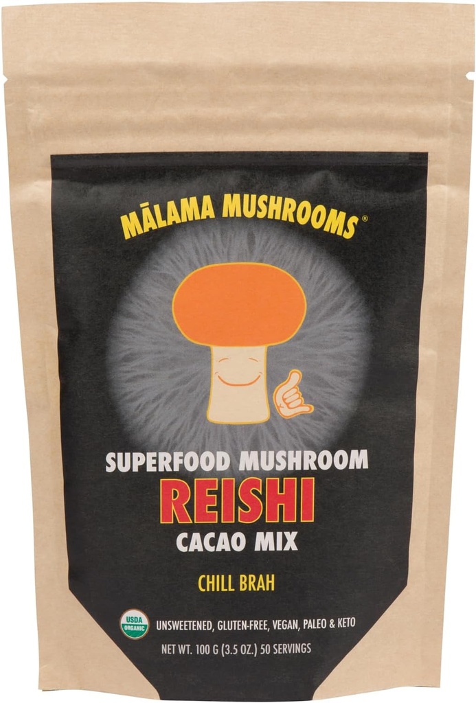 Malama Organik Mushroom Hot Cacao Mix, Reishi Mushroom Toz Immune Support & Relaxation – Vegan Supplement & Superfood, Non GMO, 3.5 oz (50 hizmet)