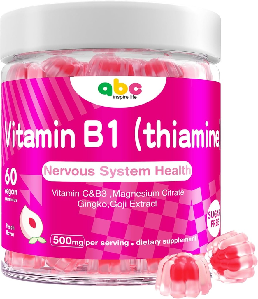 Βιταμίνη B1 Gummies Chewable Thiamine 500mg & Βιταμίνη B3 & Βιταμίνη C, Χωρίς ζάχαρη - Μη ΓΤΟ, Βέγκαν, Φυσικό άρωμα Peachάκινου - Θιαμίνη B1 συμπλήρωμα για ενήλικες & παιδιά