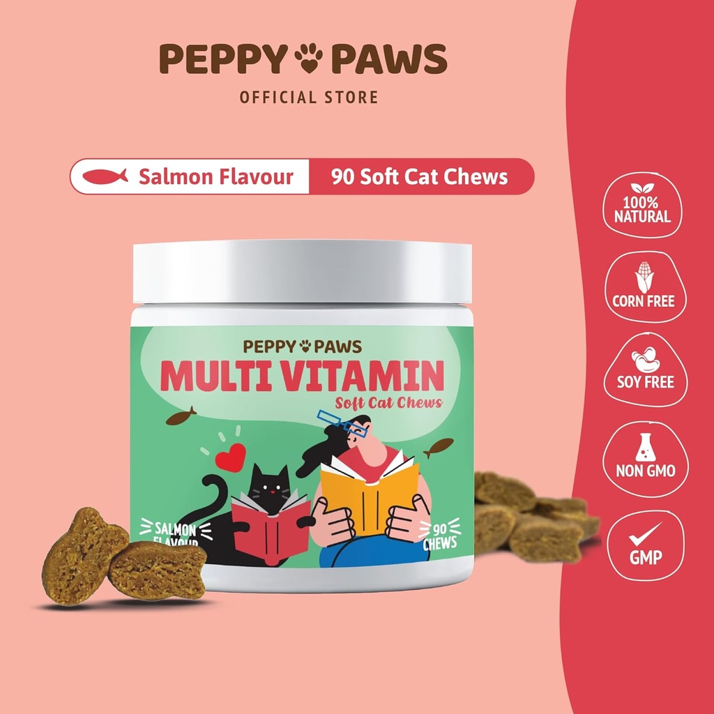 Cats için Multivitamin - 90 Yumuşak Chews | Omega 3, Salmon Oil, Glucosamine, MSM, Chondroitin, CoQ10, Probiyotikler, B Kompleksi & C | Skin, Ortak, Kalp, Immunity Support | Non-GMOMO