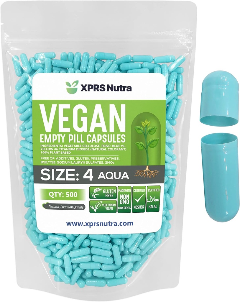 XPRS Nutra Μέγεθος 4 κενές κάψουλες - 500 κόμης μικρές κενές κάψουλες Vegan - DIY κάψουλες πλήρωσης - πληρωτέα Do-It-Yourself Veggie χάπια για συμπληρώματα (Aqua)