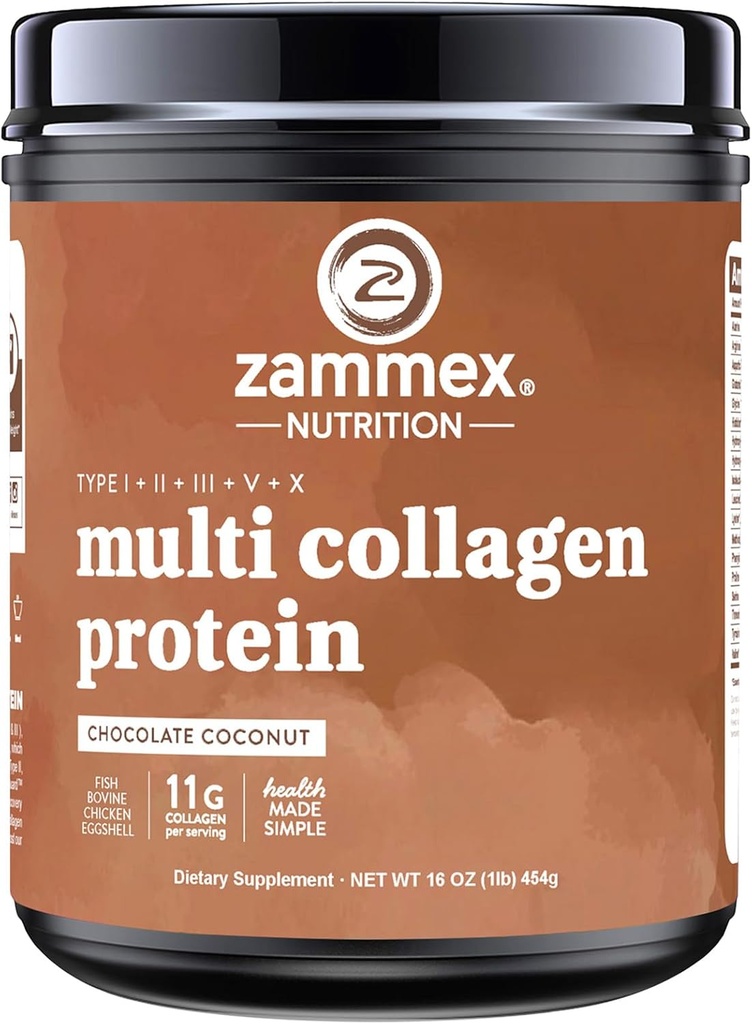 Zammex Multi Collagen Protein Powder, Type I & III & V & X, Hydrolyzed Collagen Peptides for Women & Men, Υποστηρίζει τα μαλλιά και το δέρμα, Gut Health, 41 εξυπηρετούν, σοκολάτα