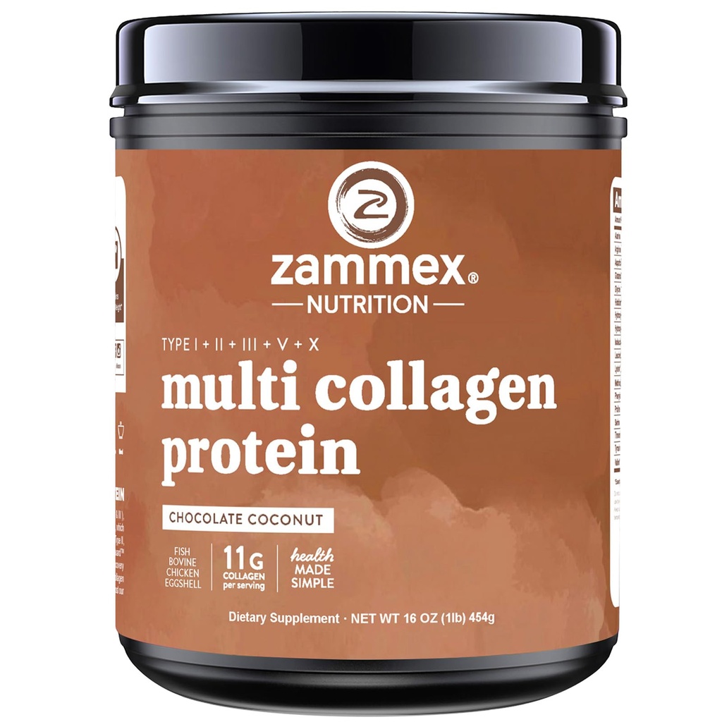 Zammex Multi Collagen Protein Powder, Type I & III & V & X, Hydrolyzed Collagen Peptides for Women & Men, Υποστηρίζει τα μαλλιά και το δέρμα, Gut Health, 41 εξυπηρετούν, σοκολάτα