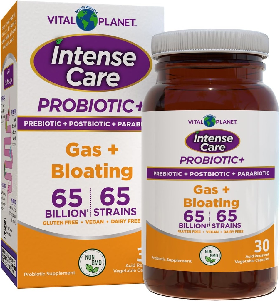 Vital Planet - Intense Care Gas & Bloating Probiyotiks, Prebiyotikler, Postbiyotikler, Parabiyotikler, 4-in-1 Reerated Supplement for Yetişkinler, 65 Milyar CFU, 65 Strains, Digestive and Immune, 30 ct