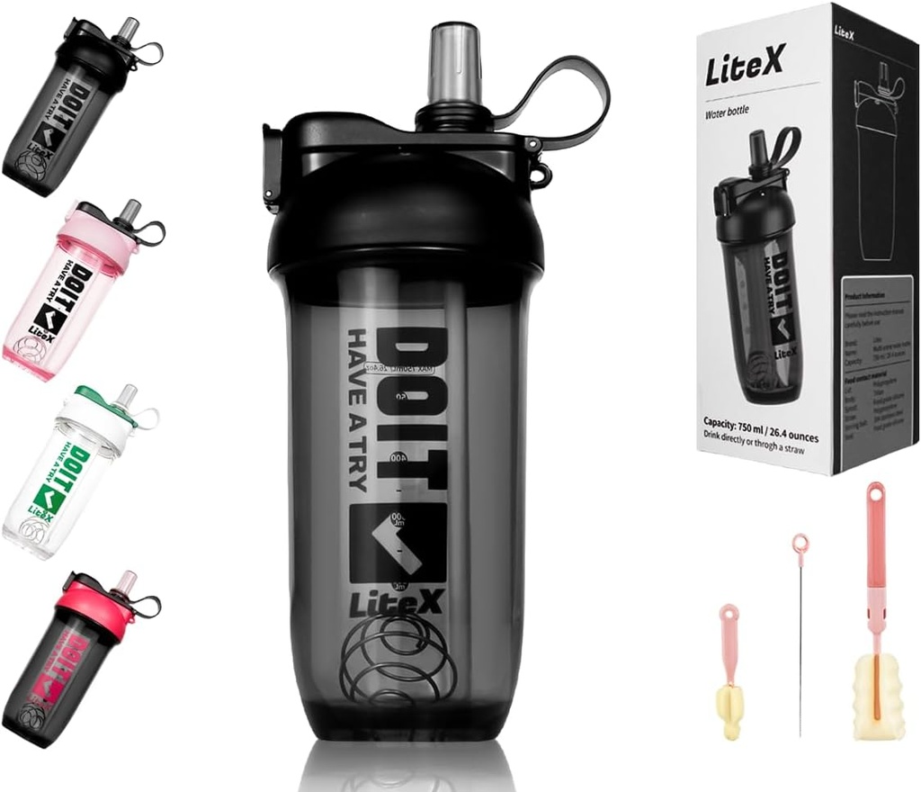 Protein Shakes için Litex Shaker Şişeler, 26oz Blender Pre-Workout için 26er Şişe,Shaker Cups with Straw, Honda-free Tritan Mixer Şişes for Protein Toz,With Cup DN and Talimatlar (Black)