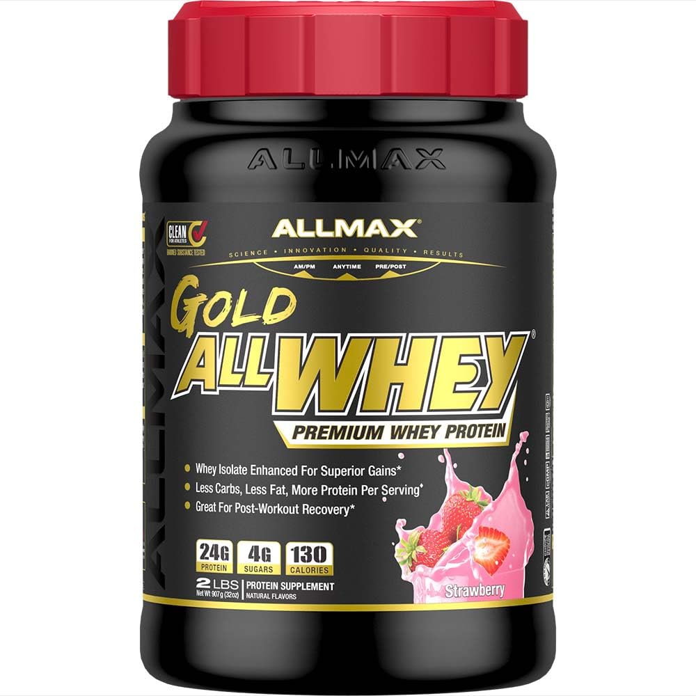 ALLMAX Διατροφή χρυσό ALLWHEY, Φράουλα - 2 lb - 24 γραμμάρια πρωτεΐνης ανά Scoop - Χωρίς γλουτένη, χαμηλή υδατάνθρακες & χαμηλή ζάχαρη - Περίπου 30 σερβίτσια