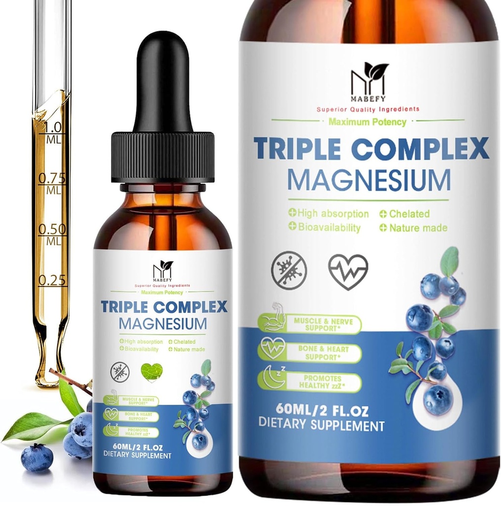 Magnezyum Glycinate Liquid Drops Complex Supplement with Taurate, Malate for Calm, Leg Cramps, Energy | Sugar-Free and Natural Vegan, Blueberry Flavor