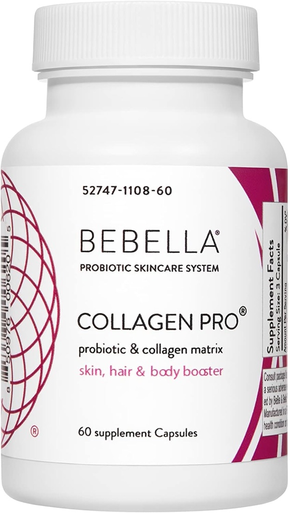 Bebella Collagen Pro- Probiyotiks & Collagen I I improve Gut & Skin Barriers Inflammation, Supports Health Skin, Hair & Nails w/Zinc VIT C Hyaluronic Acid 60 Capsules