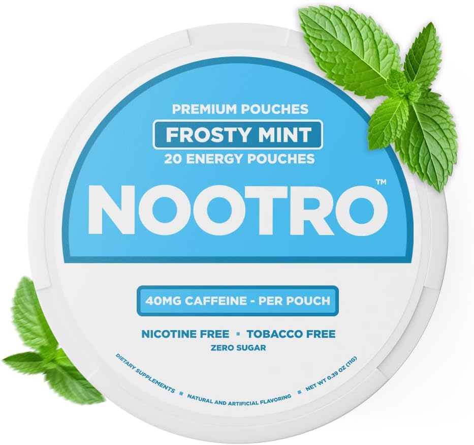Nootro Energy Pouches | Caffeine Pouches | Nootropics | 40 mg Natural Caffeine | Vitamin B6 | Magnezyum | Sugar Free | Nicotine Free | Tütün Ücretsiz | 20 Pouches Per Can | 1 Pack (Frosty Mint)